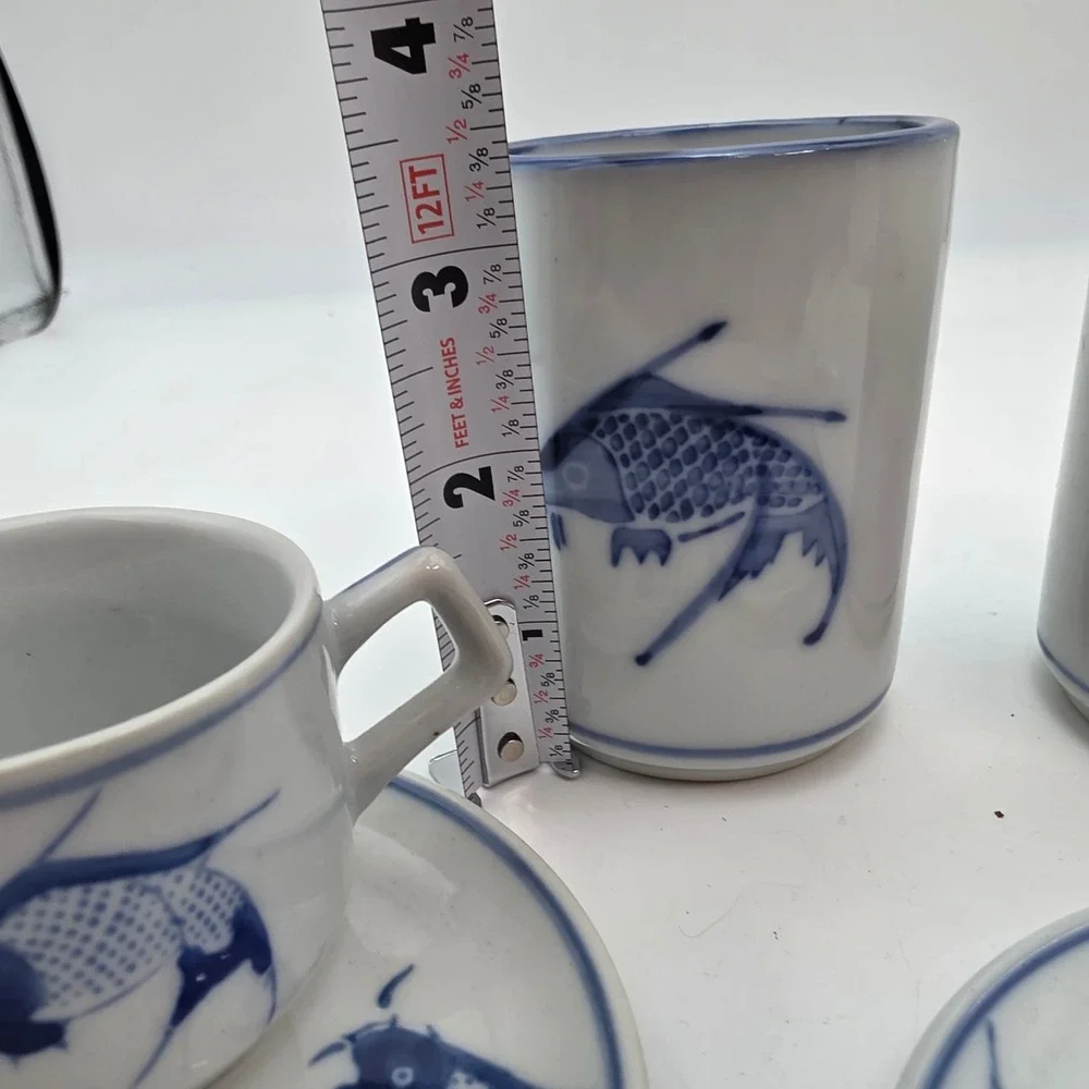 Pier 1 Blue White Koi Fish Ceramic Tea Tumblers and Espresso Cup Saucer Set